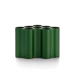 Green cylindrical vase with a wavy design, featuring a sleek metallic finish. Perfect for modern décor.