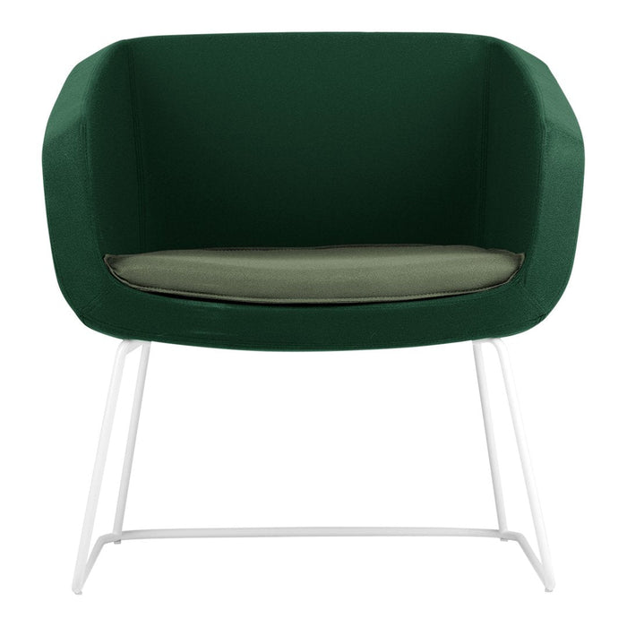 Green upholstered chair with a sleek white metal frame and a soft olive cushion. Modern and stylish design.