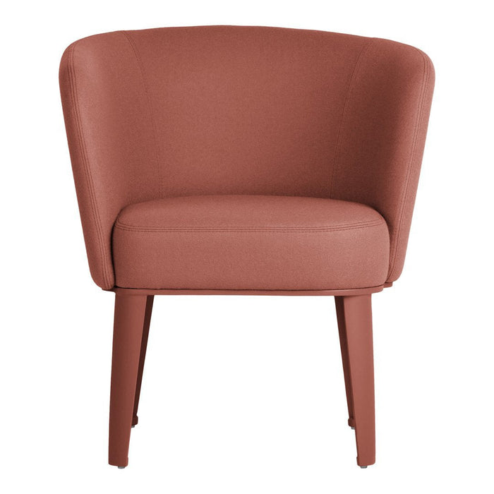 Rose-colored upholstered chair with a curved back and wooden legs. Ideal for modern decor.