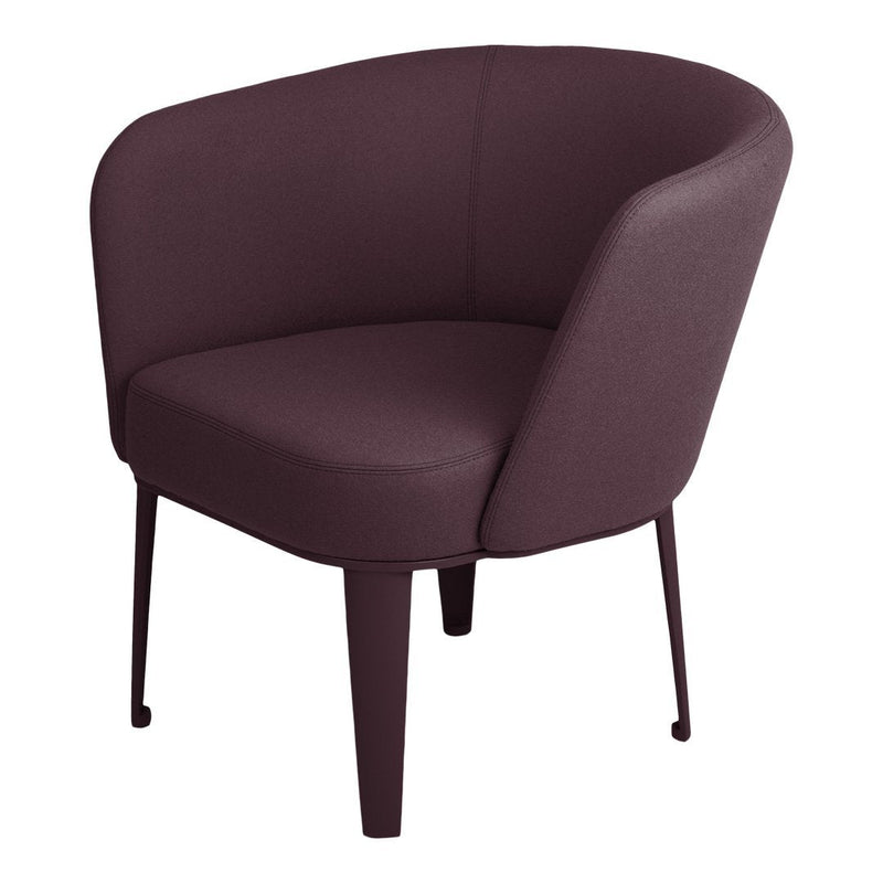 Modern purple accent chair with a smooth fabric finish and sleek black metal legs, perfect for contemporary decor.
