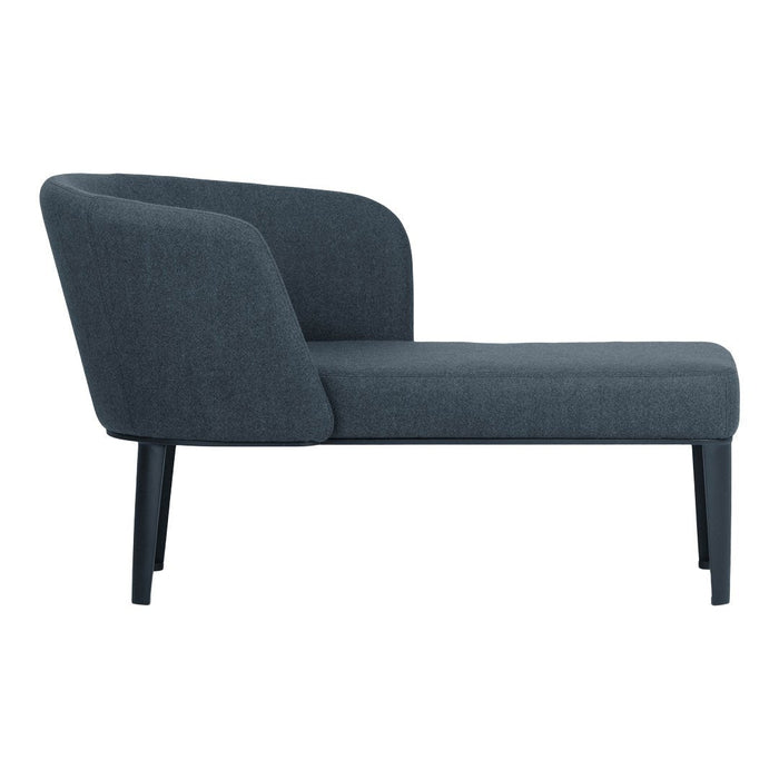 Grey upholstered chaise lounge with clean lines and minimalist design, featuring a solid black wooden base.