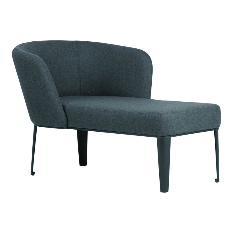 Stylish dark gray upholstered chair with a sleek modern design and minimalist black legs. Perfect for any decor.