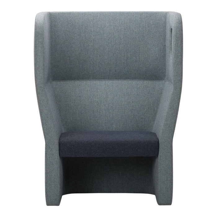 Stylish gray high-back chair with a dark navy seat, featuring a modern, minimalist design.