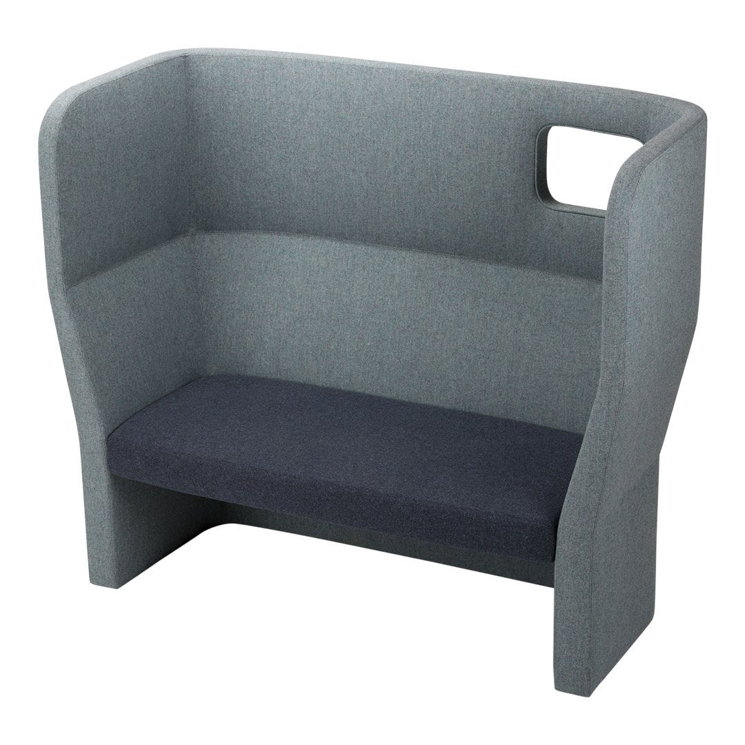 Gray and navy upholstered two-person bench with modern, minimalist design and smooth fabric texture.