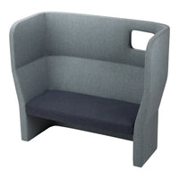 Gray and navy upholstered two-person bench with modern, minimalist design and smooth fabric texture.