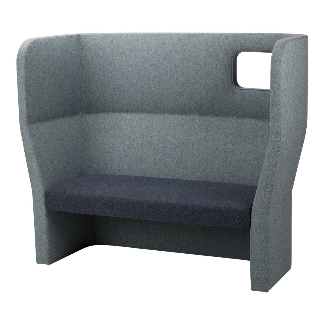 Gray two-tone sofa with a smooth texture and modern design, featuring a dark blue seat cushion and soft angled sides.