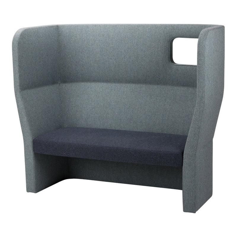 Gray two-tone sofa with a smooth texture and modern design, featuring a dark blue seat cushion and soft angled sides.