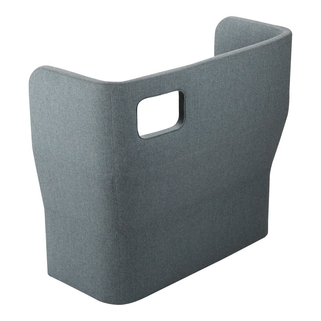 Gray upholstered backrest with a smooth texture and minimalist design, featuring a cut-out handle.