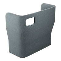 Gray upholstered backrest with a smooth texture and minimalist design, featuring a cut-out handle.