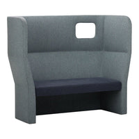 Gray and navy blue upholstered bench with a minimalist design and side cutout. Perfect for modern interiors.