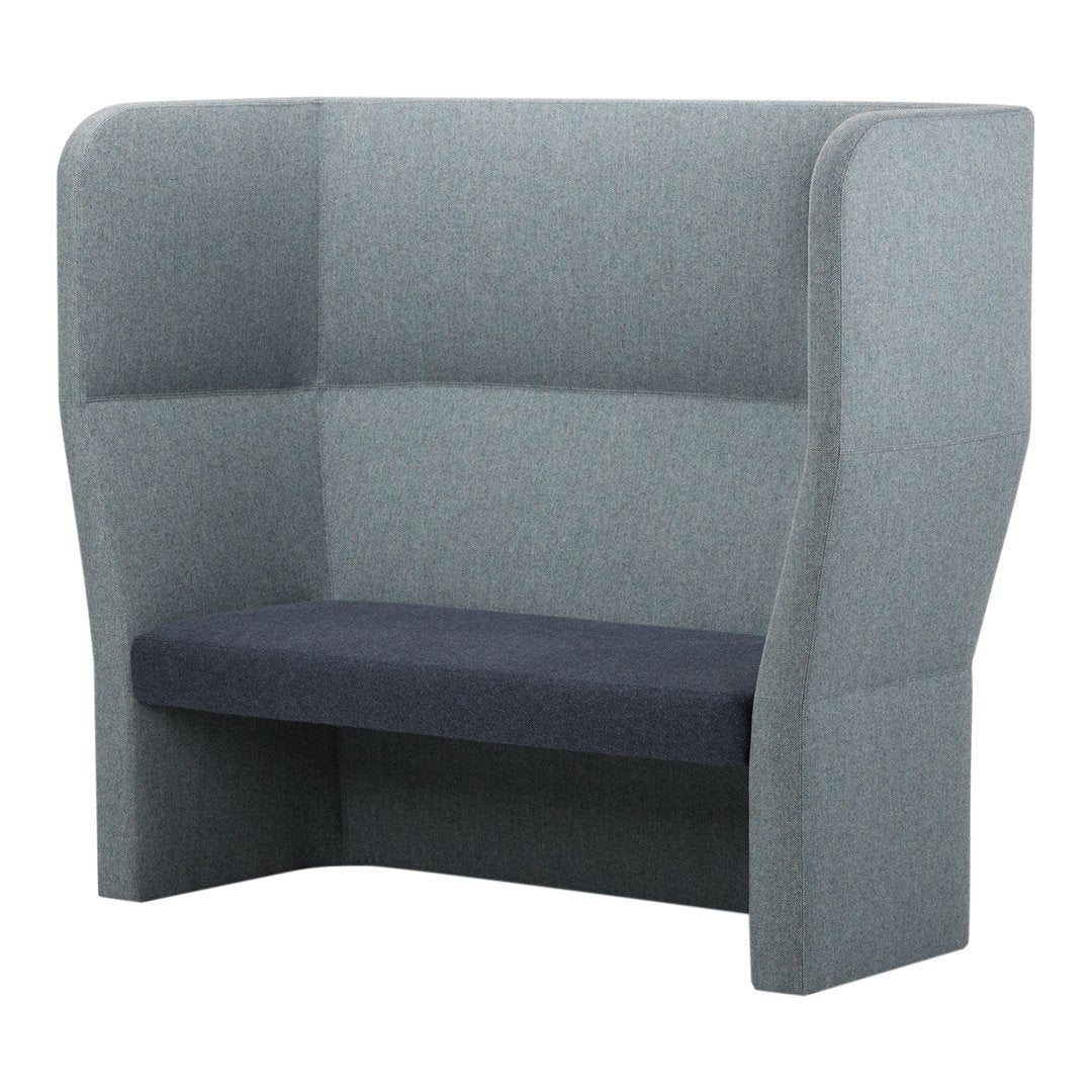 Gray upholstered high-back sofa with a dark gray seat cushion and a smooth, minimalist design.