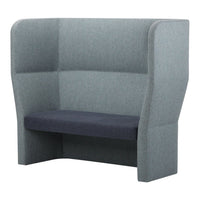 Gray upholstered high-back sofa with a dark gray seat cushion and a smooth, minimalist design.