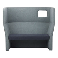 Gray and navy upholstered sofa with a sleek, modern design and a unique cutout feature. Perfect for stylish spaces.