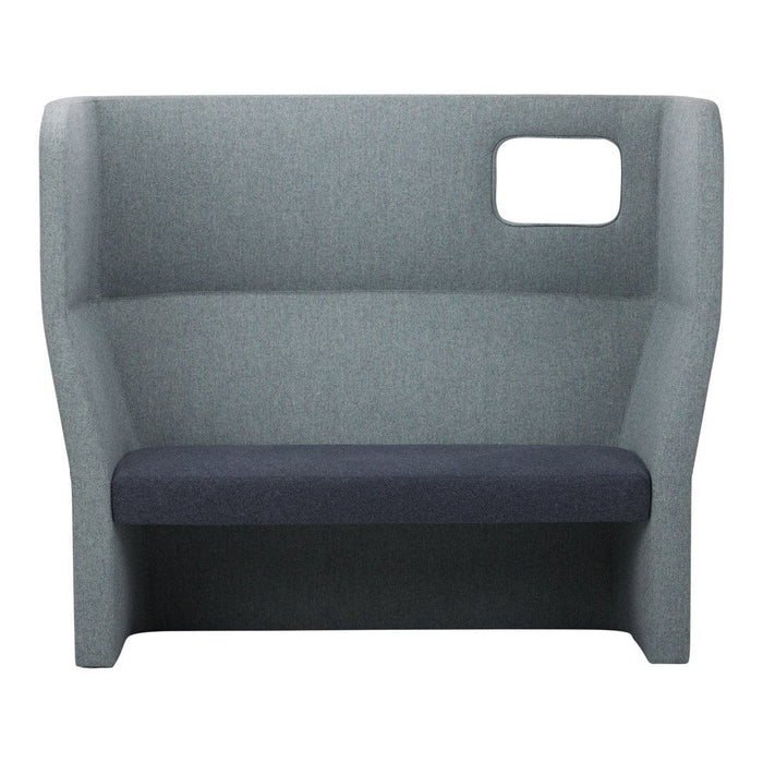 Gray and navy upholstered sofa with a sleek, modern design and a unique cutout feature. Perfect for stylish spaces.