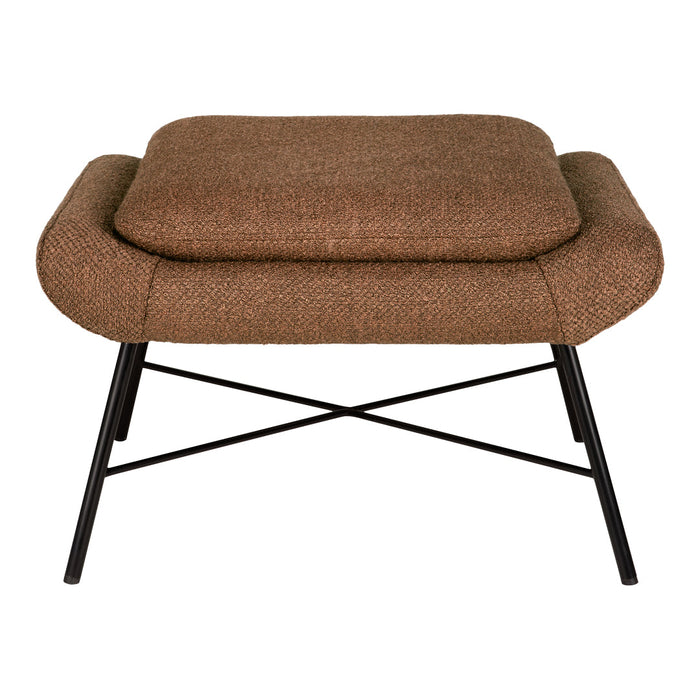 Brown textured ottoman with a plush top, featuring a subtle woven pattern and sleek black metal legs.