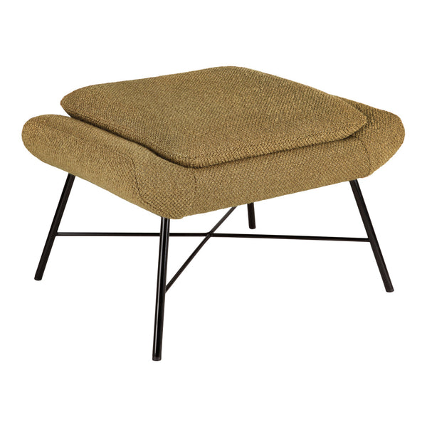 Textured olive green ottoman with a modern black metal frame. Perfect for stylish home decor.