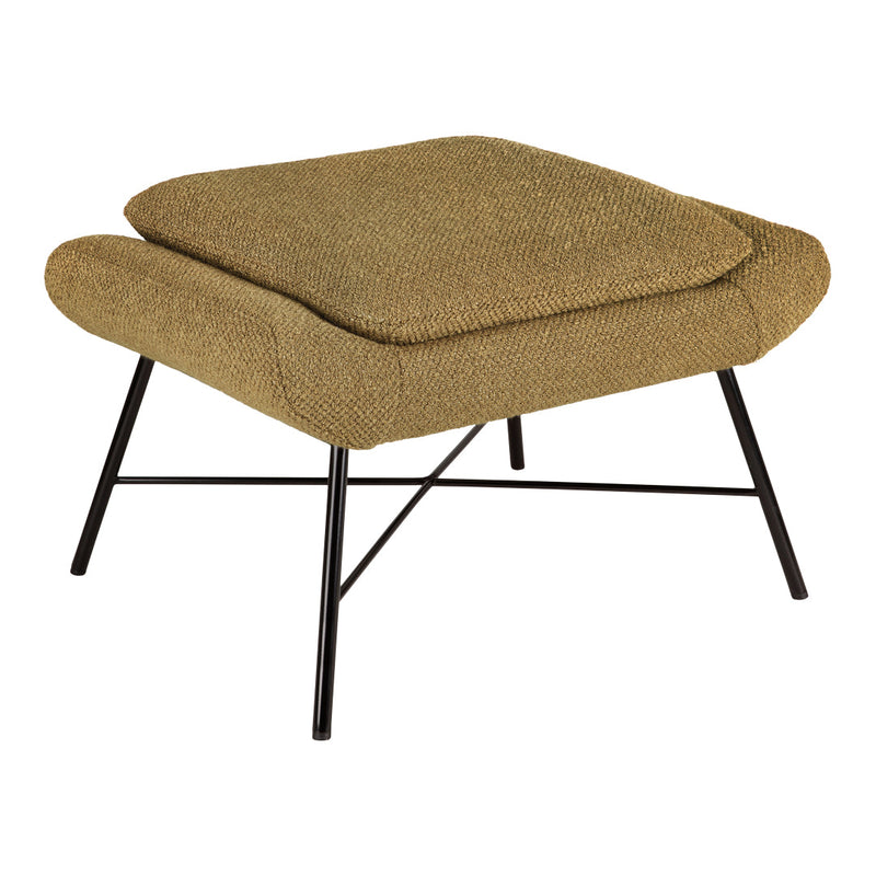 Textured olive green ottoman with a modern black metal frame. Perfect for stylish home decor.
