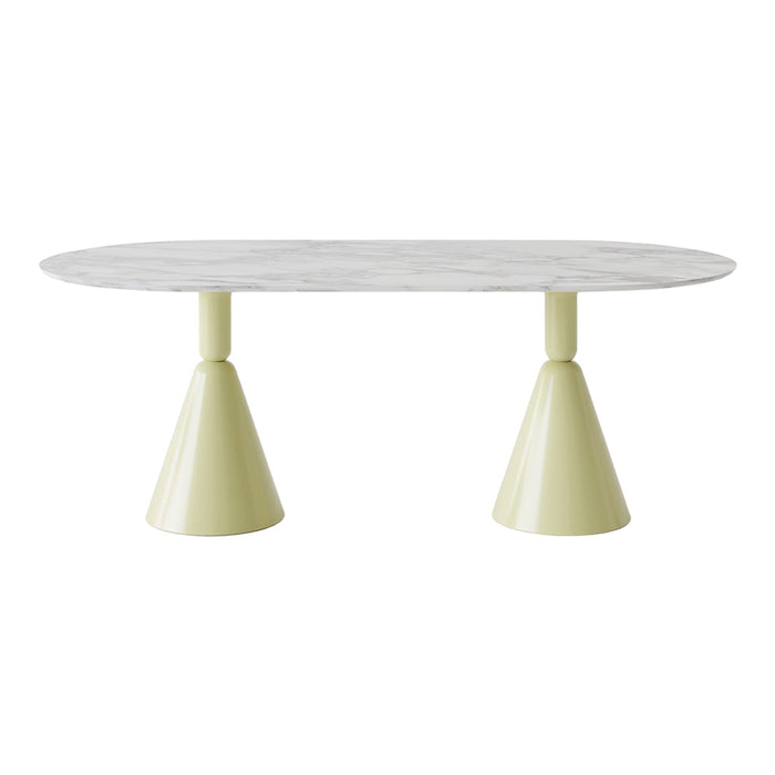 Light green conical legs support a sleek marble-top table, featuring a smooth oval design for a modern look.
