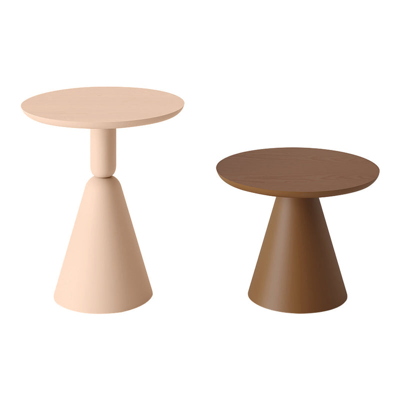 Set of two modern accent tables in soft beige and rich brown, featuring smooth round tops and conical bases.
