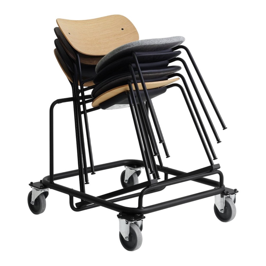 Stack of four chairs with natural wood seats and black metal frames, featuring a sleek, minimalist design.
