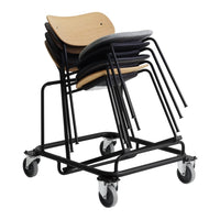 Stack of four chairs with natural wood seats and black metal frames, featuring a sleek, minimalist design.