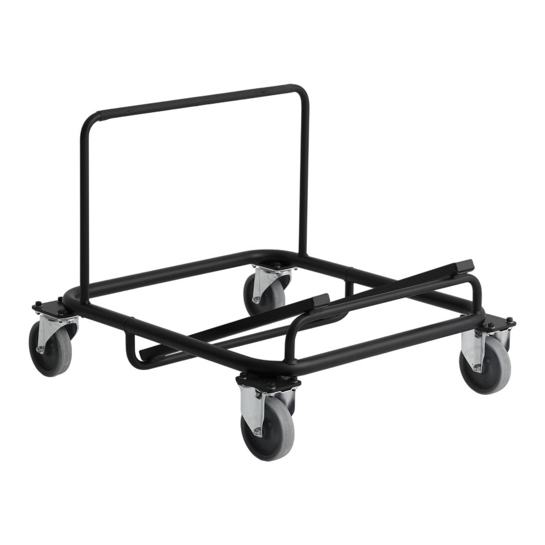Black metal dolly cart with four gray wheels, featuring a simple, sturdy design. Ideal for heavy lifting and transport.
