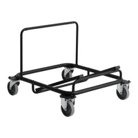 Black metal dolly cart with four gray wheels, featuring a simple, sturdy design. Ideal for heavy lifting and transport.