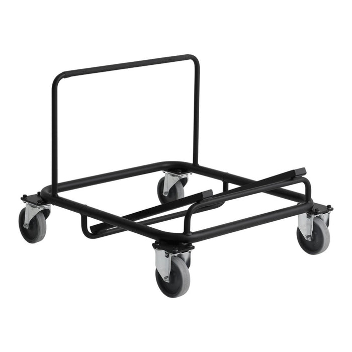 Black metal dolly cart with four gray wheels, featuring a simple, sturdy design. Ideal for heavy lifting and transport.