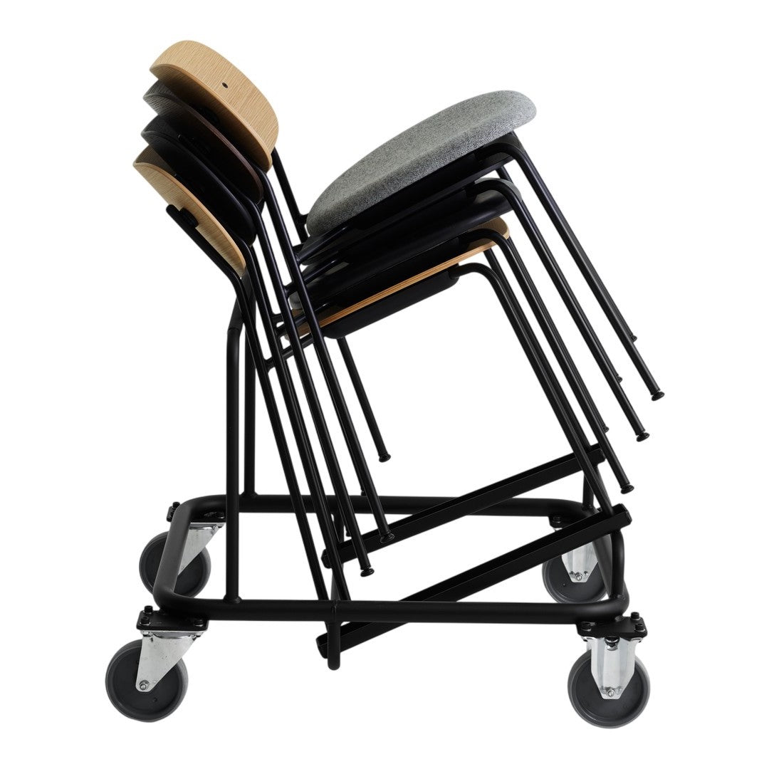 Stack of black metal chairs with wooden backs and gray padded seats, featuring a sleek, modern design.