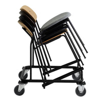 Stack of black metal chairs with wooden backs and gray padded seats, featuring a sleek, modern design.