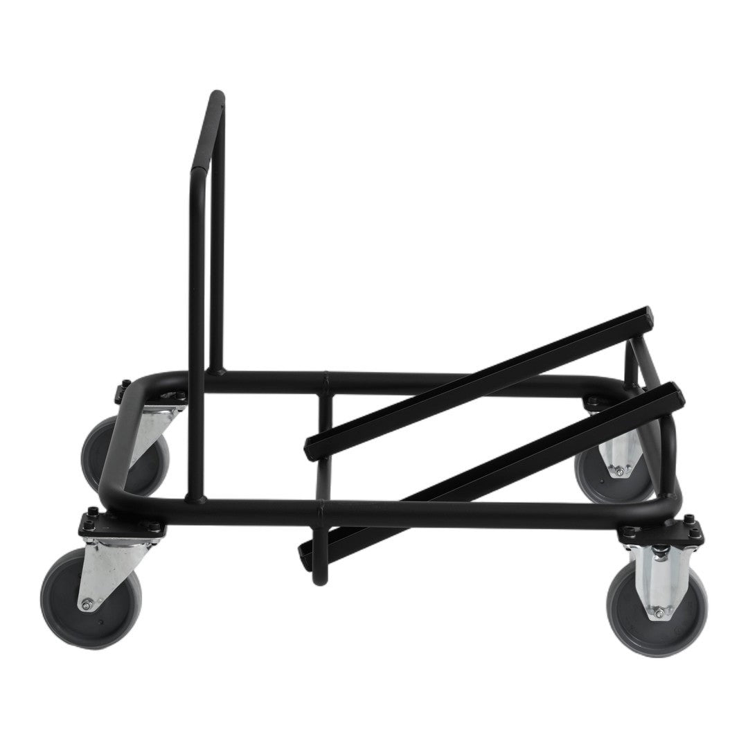 Black metal cart with a minimalist design, featuring smooth silver wheels for easy mobility.