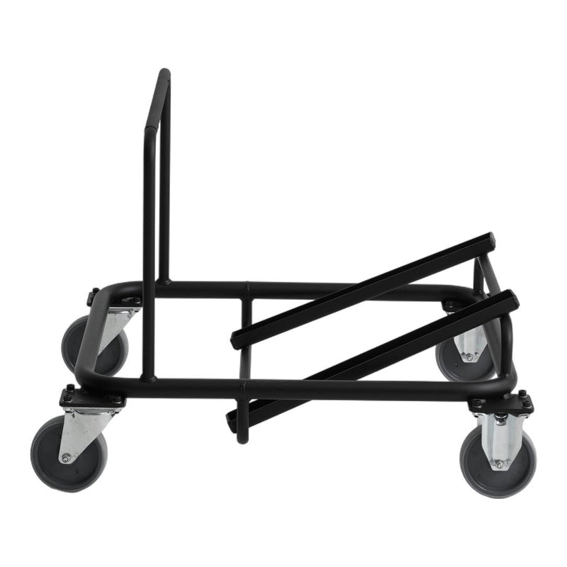Black metal cart with a minimalist design, featuring smooth silver wheels for easy mobility.