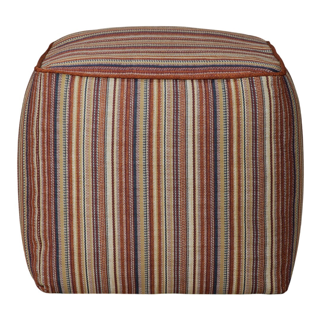 Striped pouf featuring warm tones of orange, red, cream, and blue in a vibrant, eye-catching pattern.