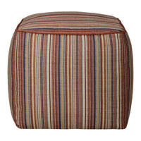 Striped pouf featuring warm tones of orange, red, cream, and blue in a vibrant, eye-catching pattern.
