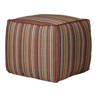 Multicolored striped pouf with warm tones of red, orange, yellow, and blue, perfect for vibrant decor.