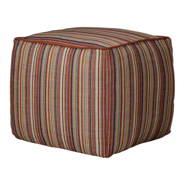 Multicolored striped pouf with warm tones of red, orange, yellow, and blue, perfect for vibrant decor.