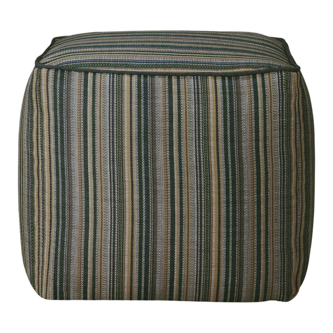 Striped pouf featuring a blend of green, brown, and beige colors for a stylish contemporary look.