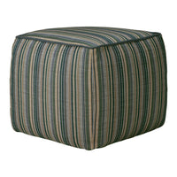 Striped pouf ottoman in earthy tones of blue, green, and beige, featuring a textured fabric pattern.