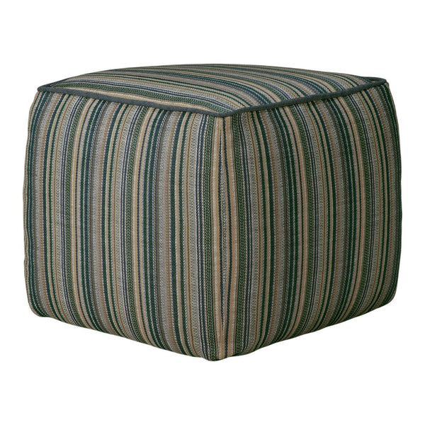 Striped pouf ottoman in earthy tones of blue, green, and beige, featuring a textured fabric pattern.