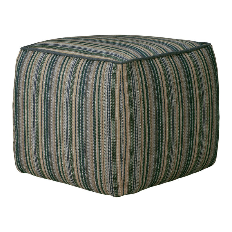 Striped pouf ottoman in earthy tones of blue, green, and beige, featuring a textured fabric pattern.