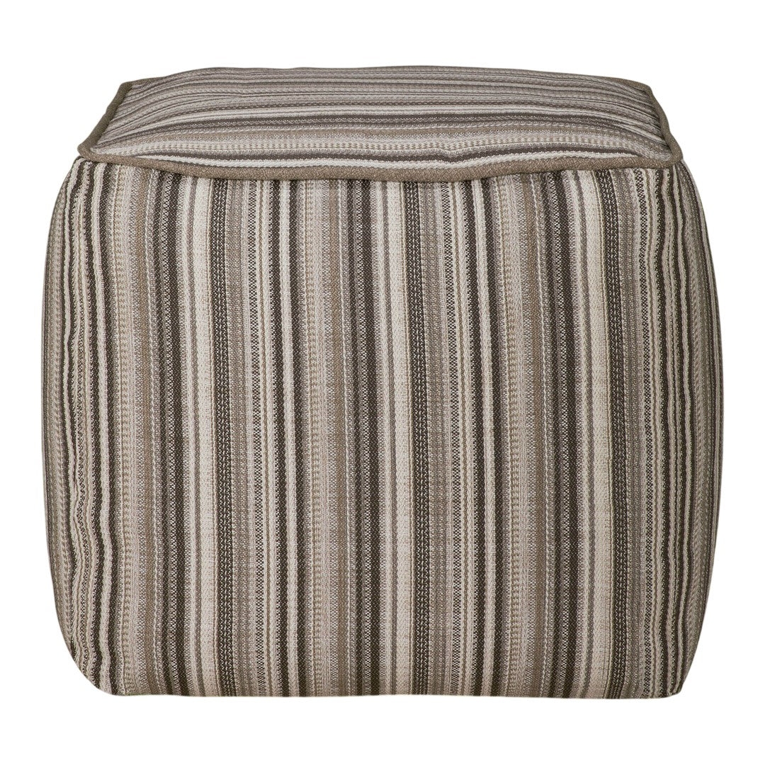 Striped pouf in neutral tones of beige, brown, and cream, adding a modern touch to any decor.