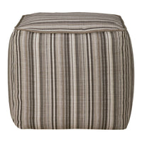 Striped pouf in neutral tones of beige, brown, and cream, adding a modern touch to any decor.