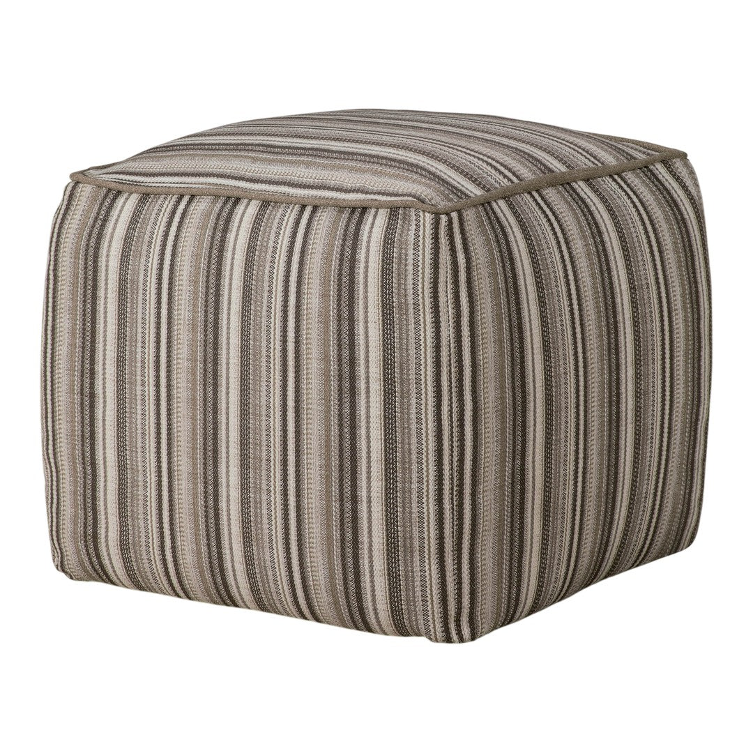 Brown and beige striped square pouf with textured fabric pattern, perfect for modern home decor.