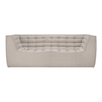 Modern beige sofa with a textured, tufted design and sleek, simple lines. Perfect for contemporary living spaces.