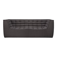 Dark gray tufted sofa with rectangular shape, featuring a smooth textured fabric and minimalist design.