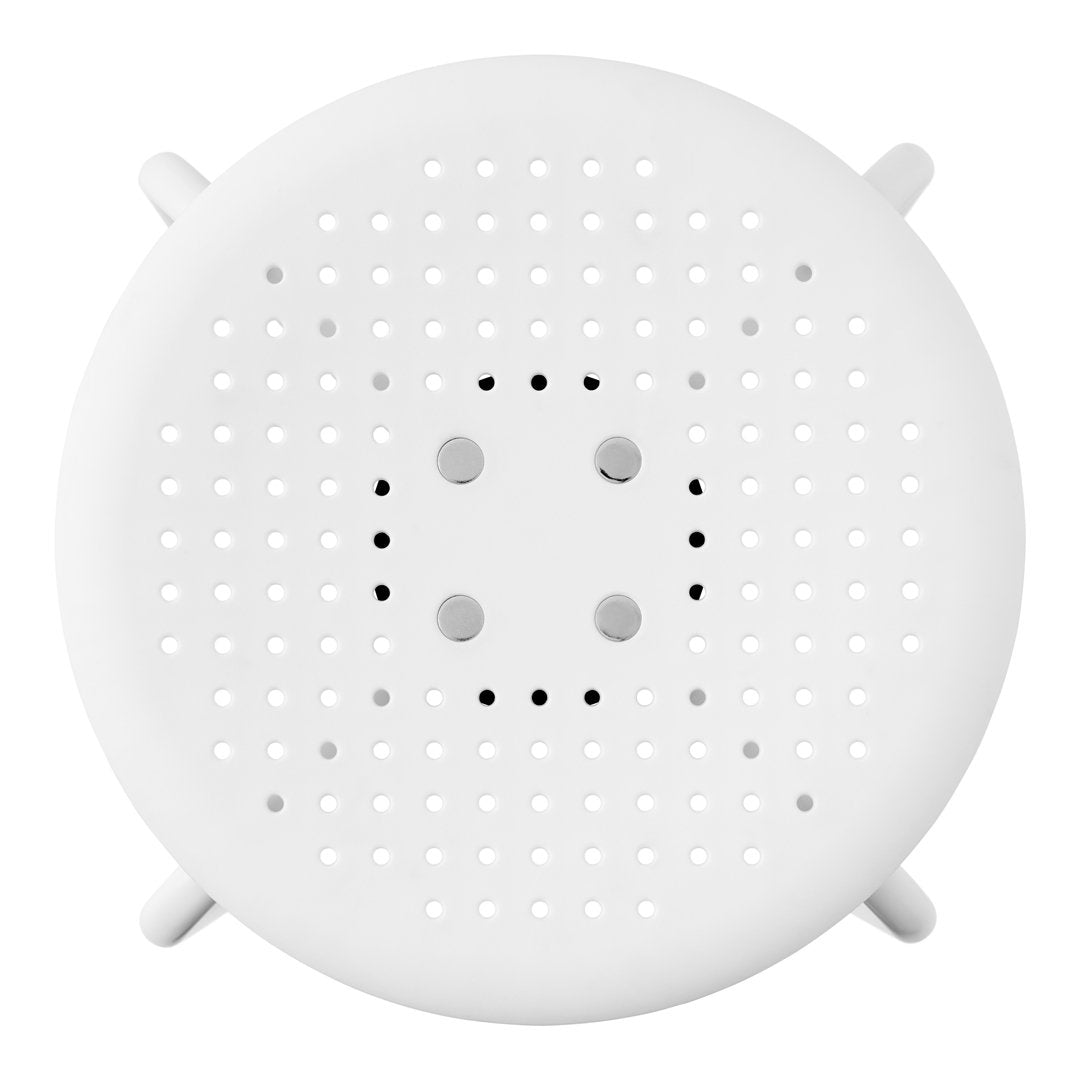 White circular drainage cover with a dotted pattern and small holes for water flow. Clean, minimalist design.