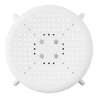 White circular drainage cover with a dotted pattern and small holes for water flow. Clean, minimalist design.