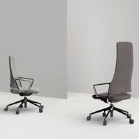 Stylish ergonomic office chairs in light gray and dark gray, featuring a sleek, modern design and minimalist patterns.