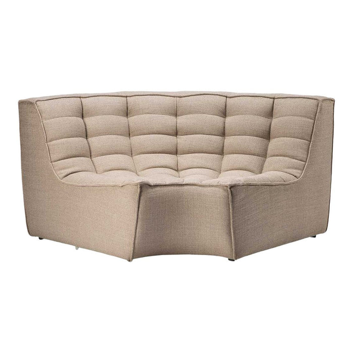 Beige tufted corner sofa with a modern design and soft, textured fabric. Ideal for contemporary living spaces.