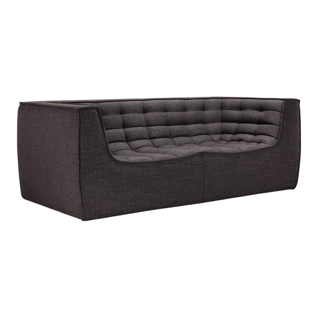 Sleek gray sofa with a modern tufted design, featuring a textured fabric and clean lines for contemporary style.